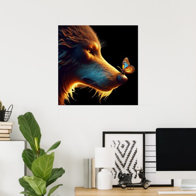 Beautiful image of Wolf and Butterfly backlit gold Poster (Home Office)
