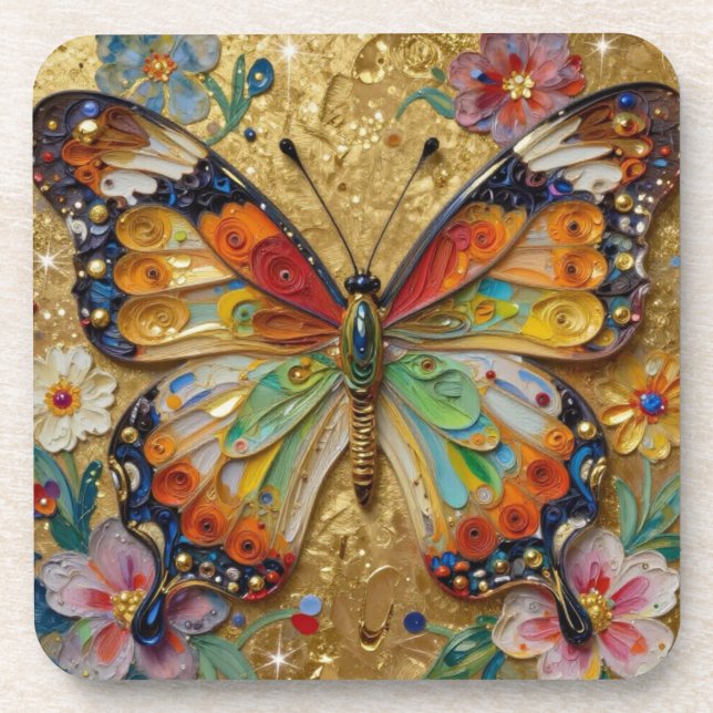 Beautiful Impasto Butterfly and Flowers   Beverage Coaster (Front)