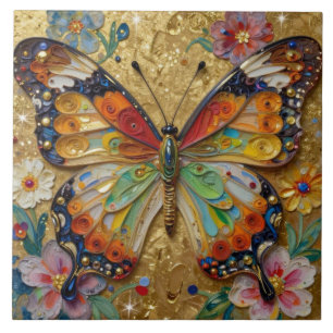 Beautiful Impasto Butterfly and Flowers Ceramic Tile