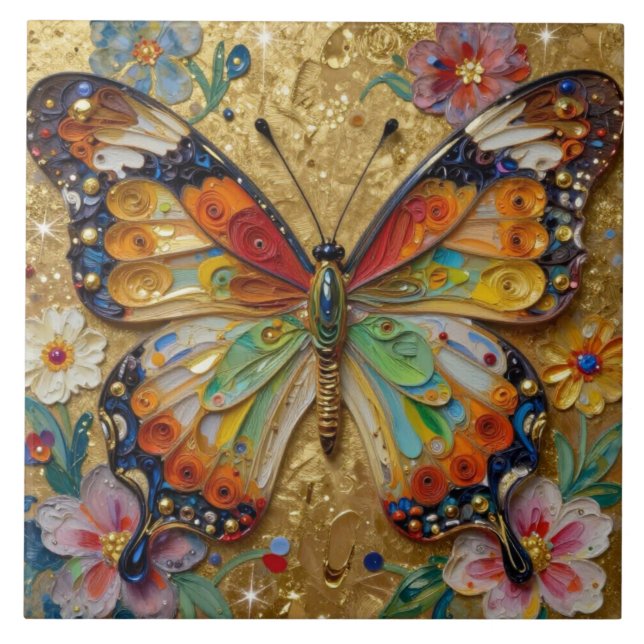 Beautiful Impasto Butterfly and Flowers   Ceramic Tile (Front)