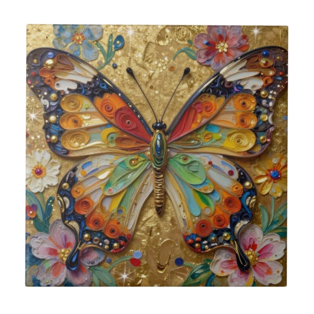 Beautiful Impasto Butterfly and Flowers   Ceramic Tile (Front)