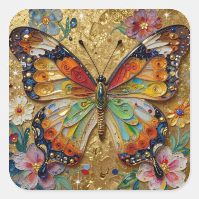 Beautiful Impasto Butterfly and Flowers   Square Sticker (Front)