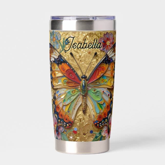 Beautiful Impasto Butterfly & Flowers Personalized Insulated Tumbler (Front)
