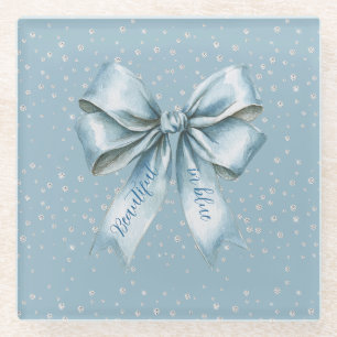 Beautiful in Blue Bow Faux Diamonds Glass Coaster