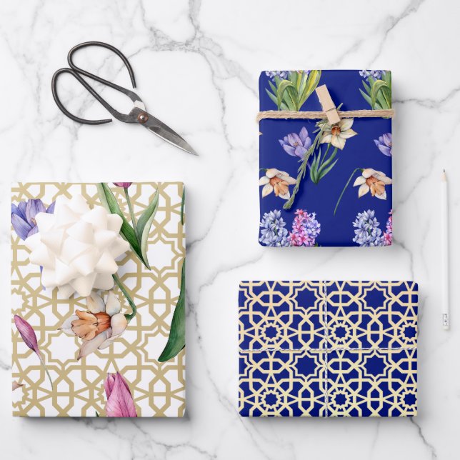 Beautiful Indigo & Gold Spring Blossom Wrapping Paper Sheets (Front)