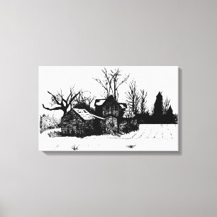 Beautiful Ink Drawing Farmstead Wrapped Canvas Print