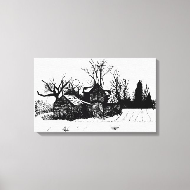 Beautiful Ink Drawing Farmstead Wrapped Canvas Print (Front)