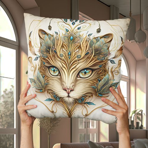 Beautiful Intricate Fantasy Cats Face Throw Pillow