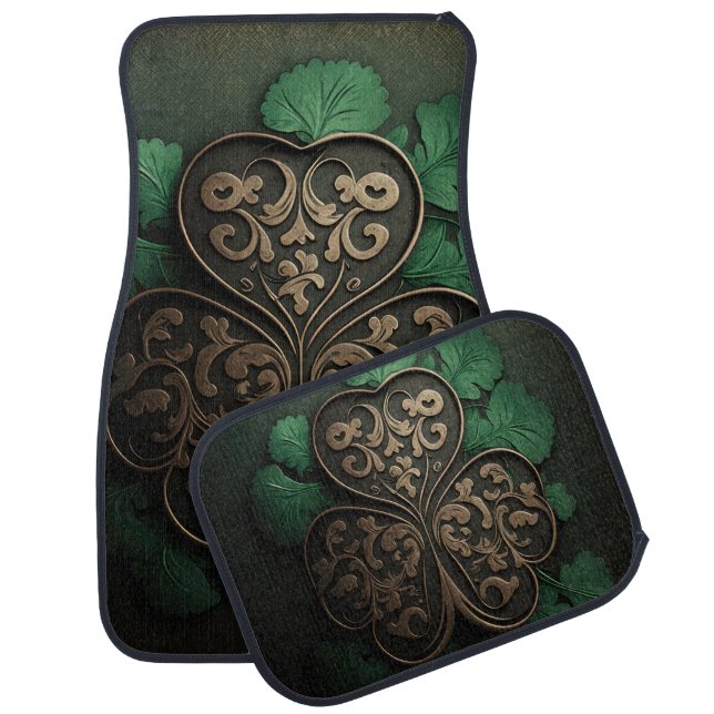 BEAUTIFUL INTRICATE GREEN IRISH SHAMROCKS CAR FLOOR MAT (Set)