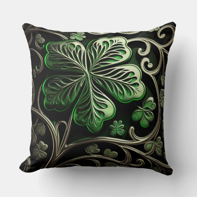 BEAUTIFUL INTRICATE GREEN IRISH SHAMROCKS THROW PILLOW (Front)