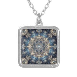 Beautiful Intricate metallic blue pattern Silver Plated Necklace