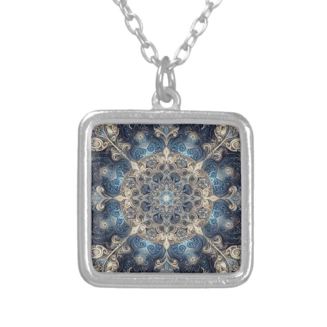Beautiful Intricate metallic blue pattern Silver Plated Necklace (Front)