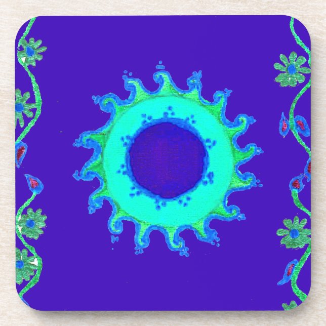 Beautiful Iridescent Blue Floral Art Oil Painting  Drink Coaster (Front)