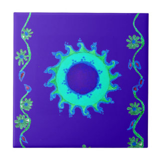 Beautiful Iridescent Blue Floral Art Oil Painting Tile