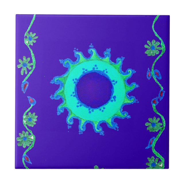 Beautiful Iridescent Blue Floral Art Oil Painting  Tile (Front)