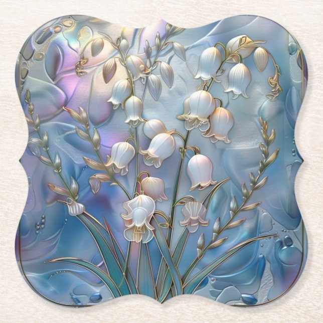 Beautiful Iridescent Lily of Valley Embossed Glass Paper Coaster (Front)