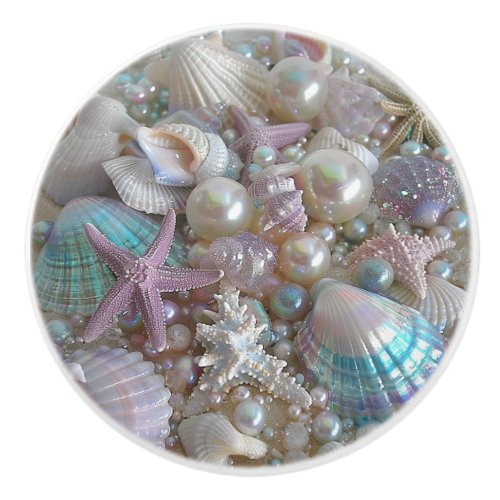 Beautiful Iridescent Seashells pearls Starfish  Ceramic Knob
