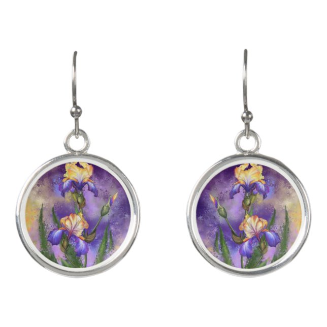 Beautiful Iris Flower - Migned Art Painting Earrings (Front)