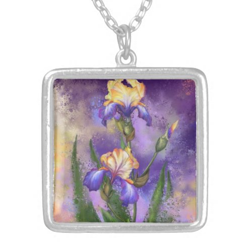 Beautiful Iris Flower _ Migned Painting Art Silver Plated Necklace