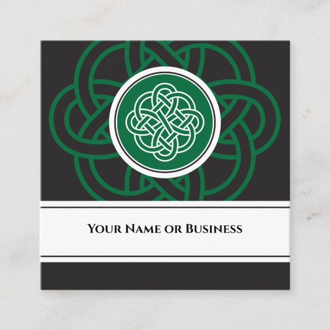 Beautiful Irish Black, Green and White Celtic Knot Square Business Card (Front)