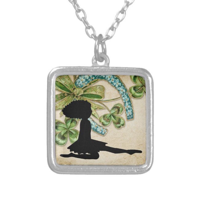 Beautiful Irish Dancer, Shamrock and Horseshoe Silver Plated Necklace (Front)