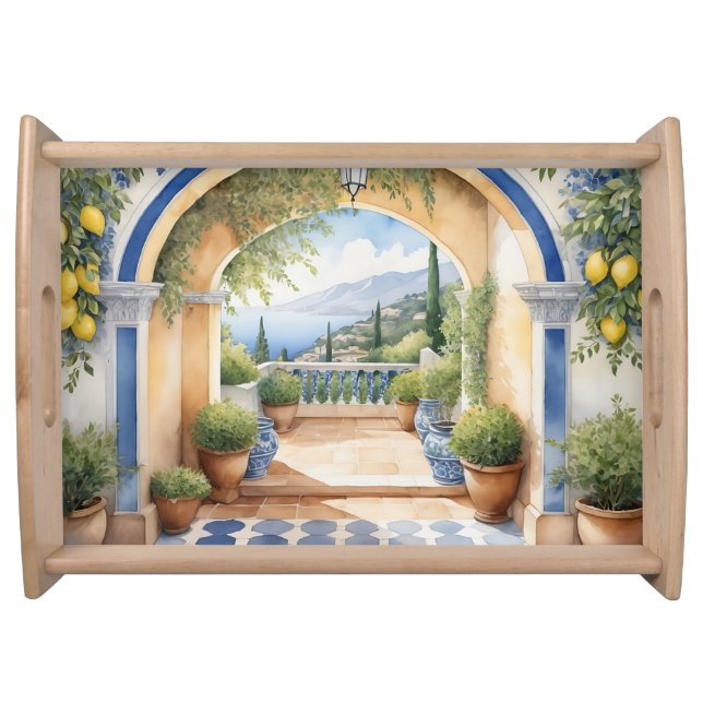 Beautiful Italian Amalfi Coast View Tiles Lemons Serving Tray (Front)
