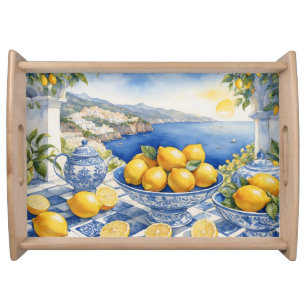 Beautiful Italian Amalfi Coast View Tiles Lemons Serving Tray