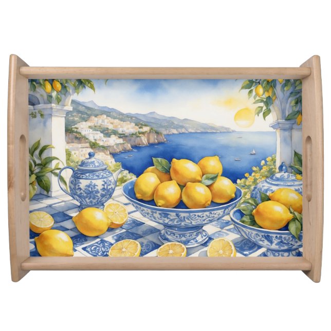 Beautiful Italian Amalfi Coast View Tiles Lemons Serving Tray (Front)