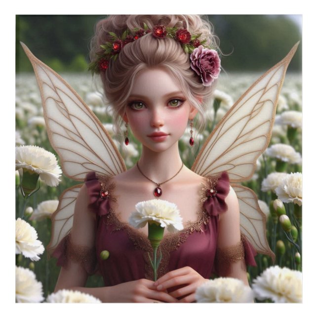 Beautiful January Fairy in Carnations Acrylic Print (Front)