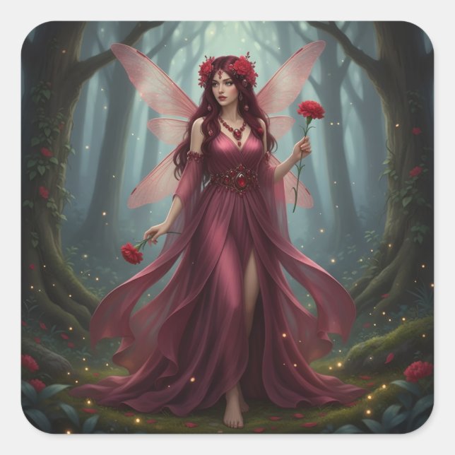 Beautiful January Garnet Fairy Square Sticker (Front)