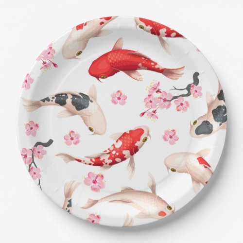 Beautiful Japanese Floral Red Koi fish Paper Plates