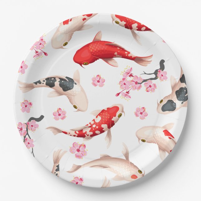 Beautiful Japanese Floral Red Koi fish Paper Plates (Front)