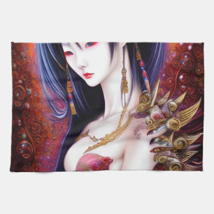 Beautiful Japanese Girl Gothic Fantasy Triptych Kitchen Towel