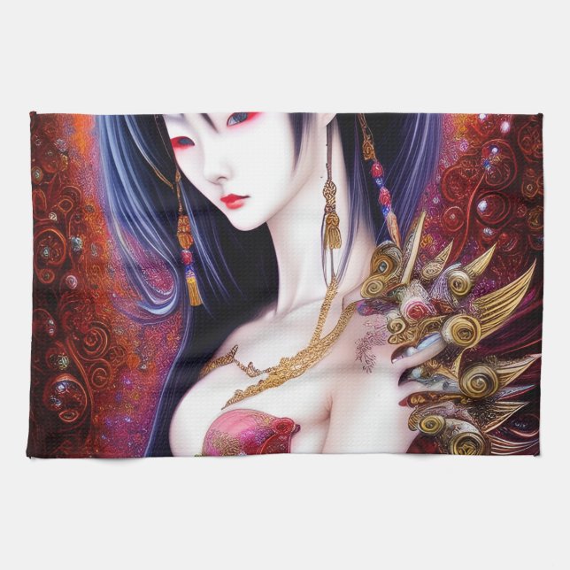 Beautiful Japanese Girl Gothic Fantasy Triptych Kitchen Towel (Horizontal)