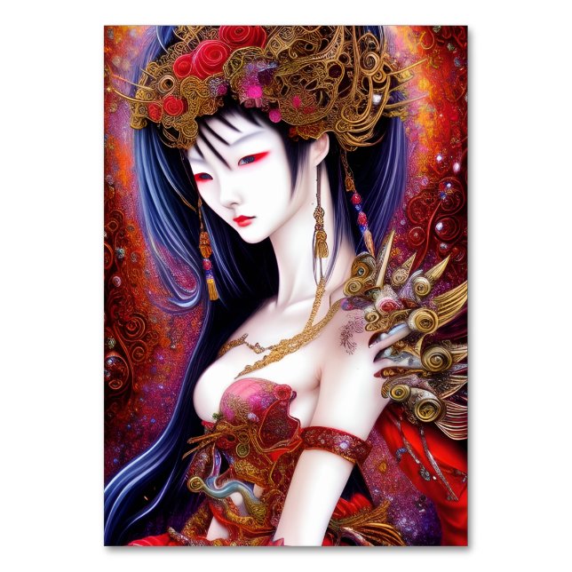 Beautiful Japanese Girl Gothic Fantasy Triptych Table Number (Front)