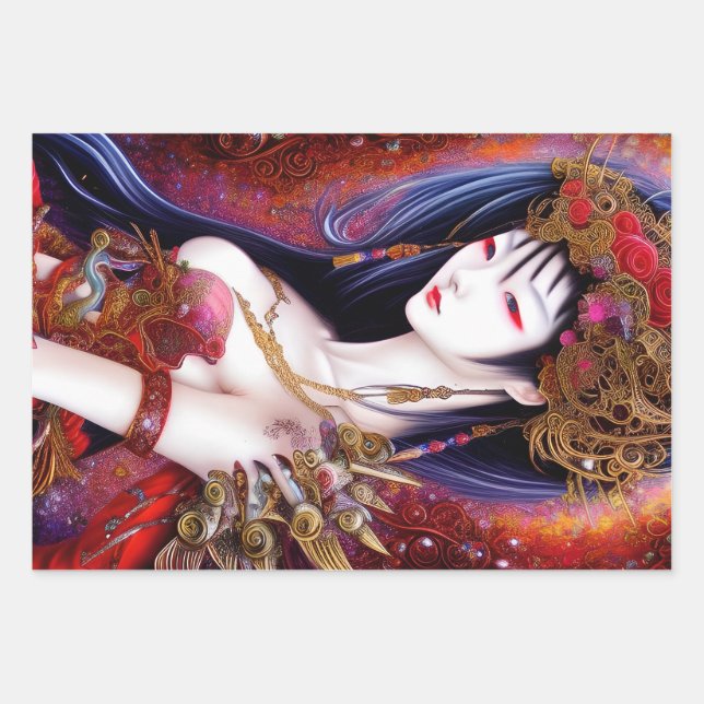 Beautiful Japanese Girl Gothic Fantasy Triptych Wrapping Paper Sheets (Front)