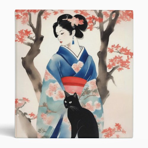 Beautiful Japanese Girl with a Black Cat 3 Ring Binder