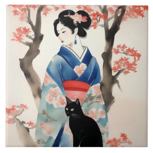 Beautiful Japanese Girl with a Black Cat Ceramic Tile
