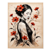 Beautiful japanese girl with flowers on parchment