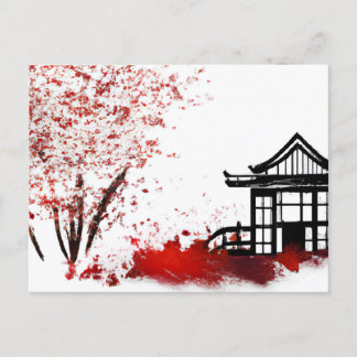 beautiful japanese house in cherry blossom forest postcard