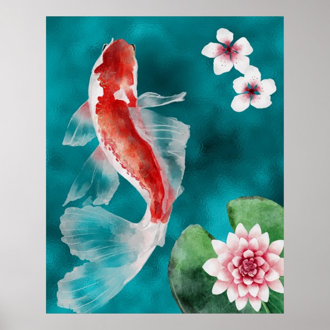 Beautiful Japanese Koi Fish, Cherry Blossoms Japan Poster (Front)
