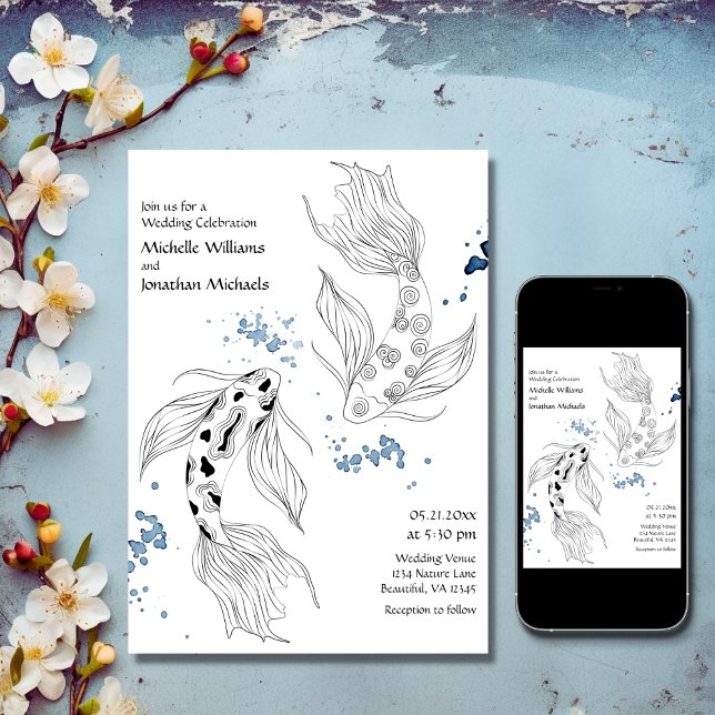 Beautiful Japanese Koi Fish Modern Wedding Invitation (Printed and Digital - Beautiful Japanese Koi Fish Modern Wedding Invitation)