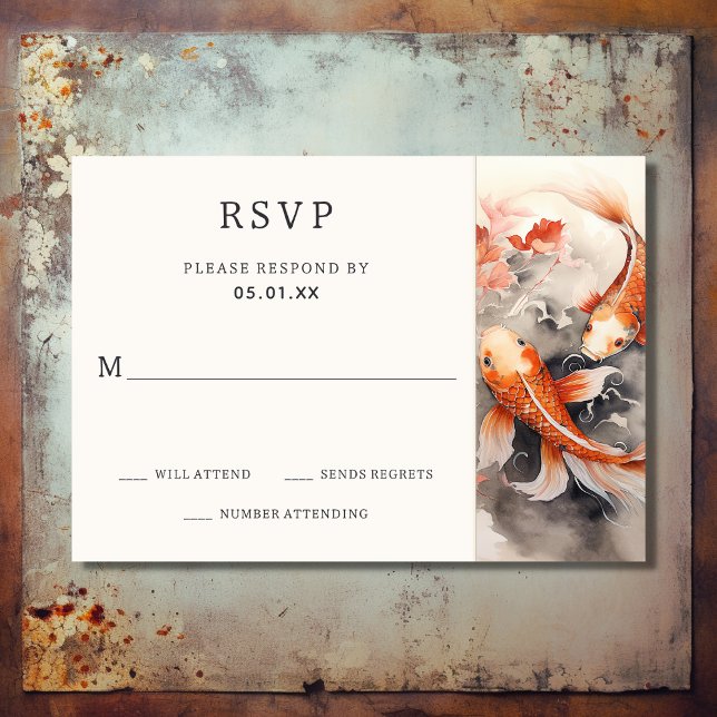 Beautiful Japanese Koi Fish Orange Beige Wedding RSVP Card (Front - Beautiful Japanese Koi Fish Orange Beige Wedding RSVP Card)