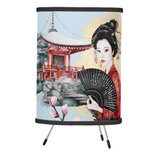 Beautiful Japanese Pagoda Geisha Girl Tripod Lamp