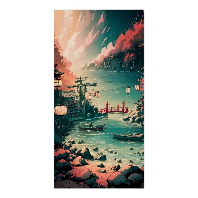 Beautiful Japanese Watercolor Harbor Scene Poster (Front)