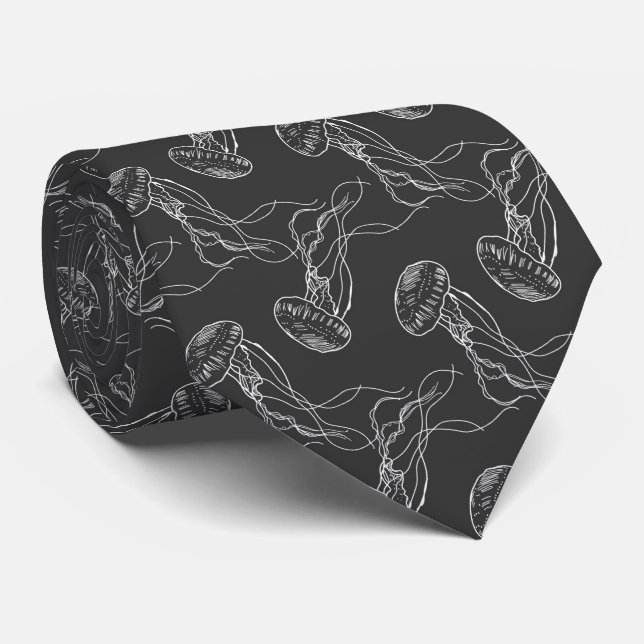 beautiful jellyfish pattern black background neck tie (Rolled)