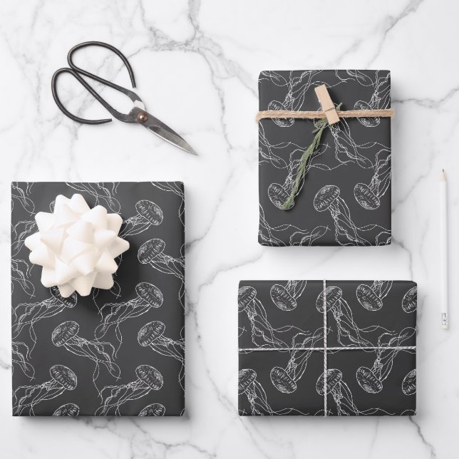 beautiful jellyfish pattern black background wrapping paper sheets (Front)