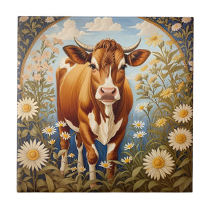 Beautiful Jersey Cow In Daisy field Vintage Ceramic Tile