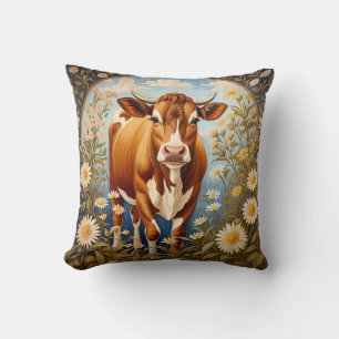 Beautiful Jersey Cow In Daisy field Vintage Throw Pillow