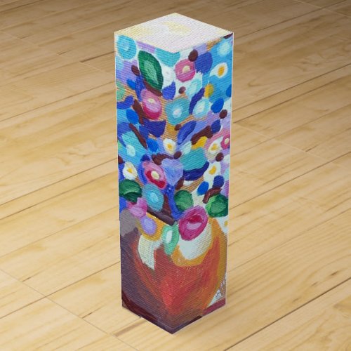 Beautiful jewel bright art flowers in a vase wine gift box